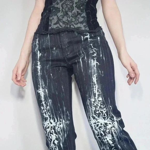 Gothic & grunge black and white abstract hand-painted straight-legged jeans - Picture 2 of 16